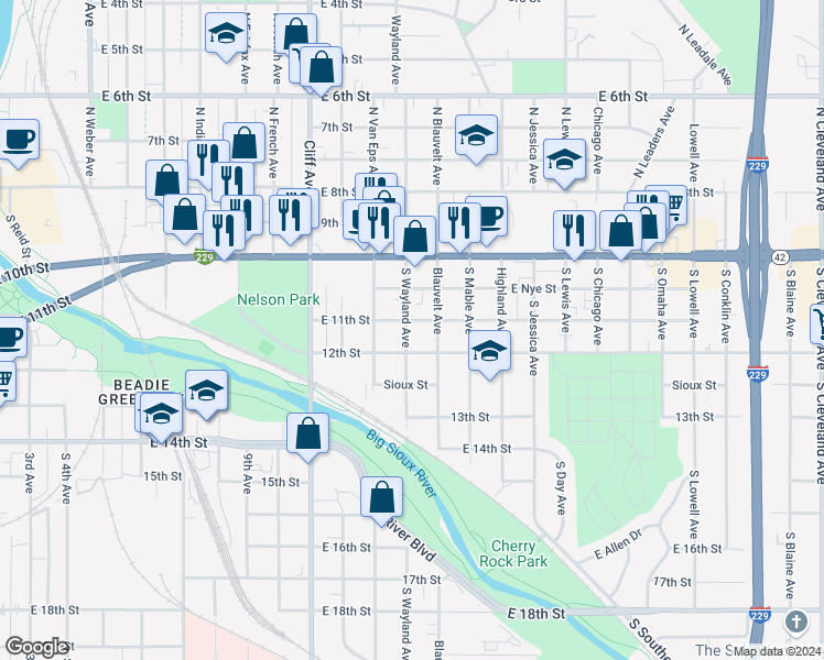 map of restaurants, bars, coffee shops, grocery stores, and more near 317 South Wayland Avenue in Sioux Falls