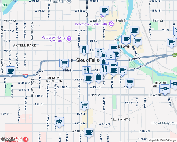 map of restaurants, bars, coffee shops, grocery stores, and more near 300 West 11th Street in Sioux Falls