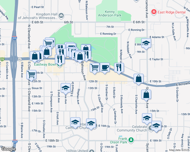 map of restaurants, bars, coffee shops, grocery stores, and more near 3709 East 10th Street in Sioux Falls