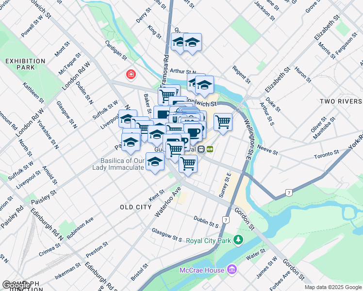 map of restaurants, bars, coffee shops, grocery stores, and more near in Guelph