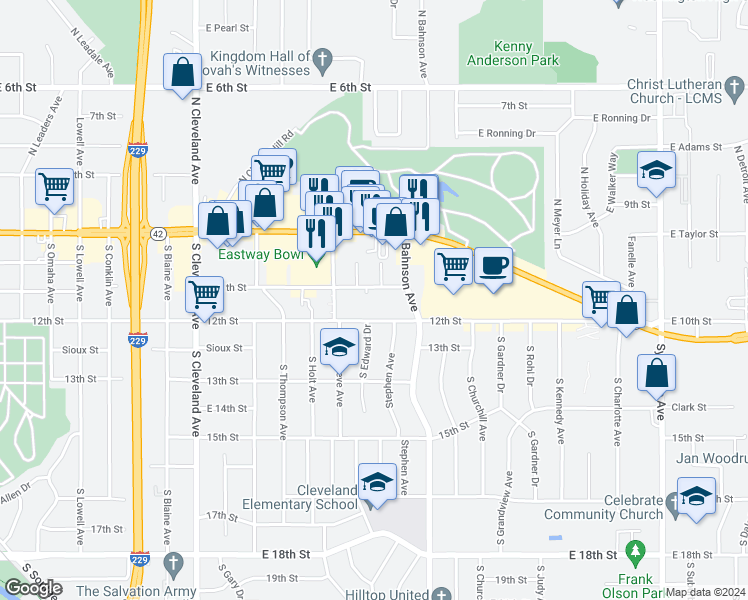 map of restaurants, bars, coffee shops, grocery stores, and more near 3403 East 11th Street in Sioux Falls