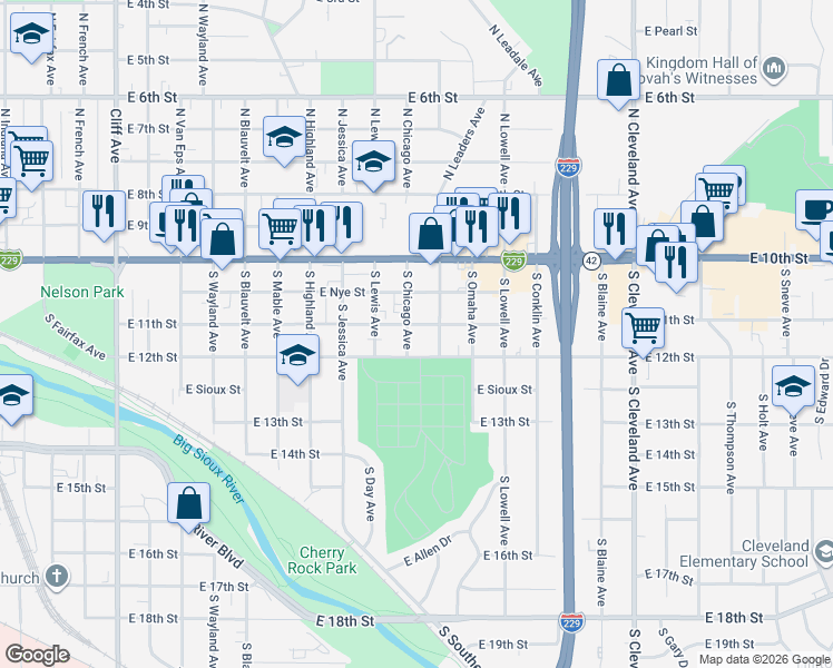 map of restaurants, bars, coffee shops, grocery stores, and more near 331 South Chicago Avenue in Sioux Falls