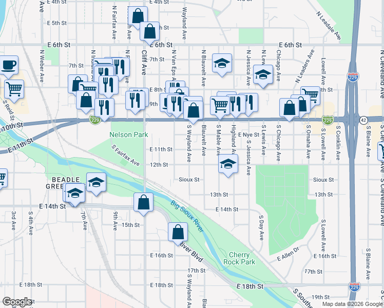 map of restaurants, bars, coffee shops, grocery stores, and more near 317 South Wayland Avenue in Sioux Falls