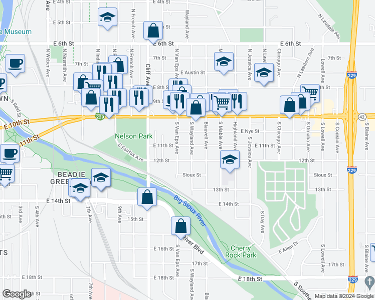 map of restaurants, bars, coffee shops, grocery stores, and more near 317 South Wayland Avenue in Sioux Falls