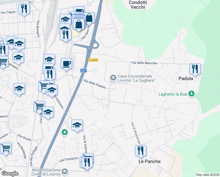 map of restaurants, bars, coffee shops, grocery stores, and more near 8 Via delle Macchie in Livorno