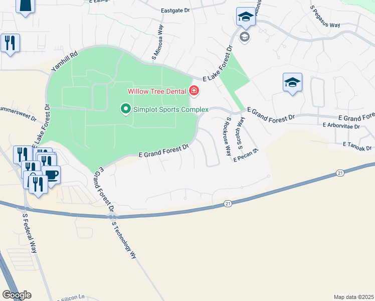 map of restaurants, bars, coffee shops, grocery stores, and more near 6327 South Mangrove Place in Boise