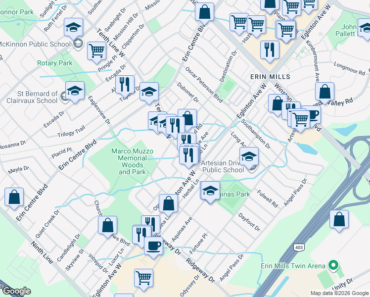 map of restaurants, bars, coffee shops, grocery stores, and more near 3294 Respond Road in Mississauga