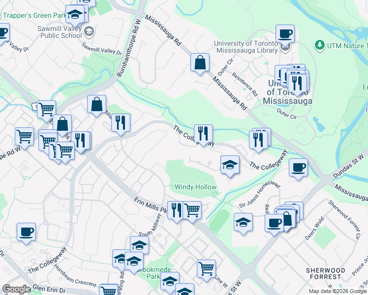 map of restaurants, bars, coffee shops, grocery stores, and more near 2000 The Collegeway in Mississauga