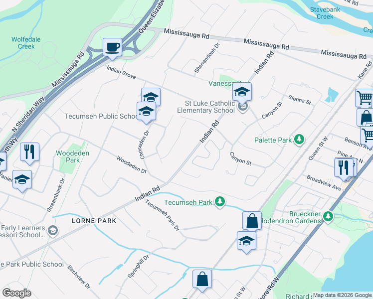 map of restaurants, bars, coffee shops, grocery stores, and more near 807 Indian Road in Mississauga