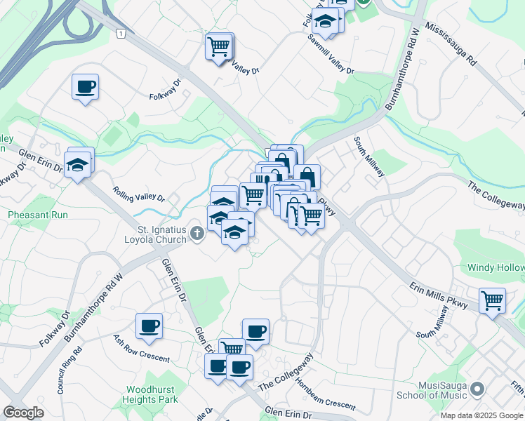 map of restaurants, bars, coffee shops, grocery stores, and more near 2200 Burnhamthorpe Road West in Mississauga