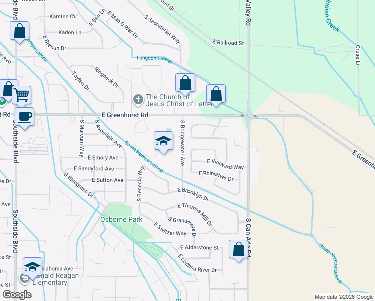 map of restaurants, bars, coffee shops, grocery stores, and more near 2505 South Vineyard Street in Nampa