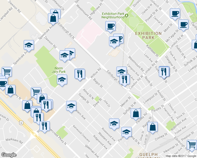 map of restaurants, bars, coffee shops, grocery stores, and more near 26 Willow Road in Guelph