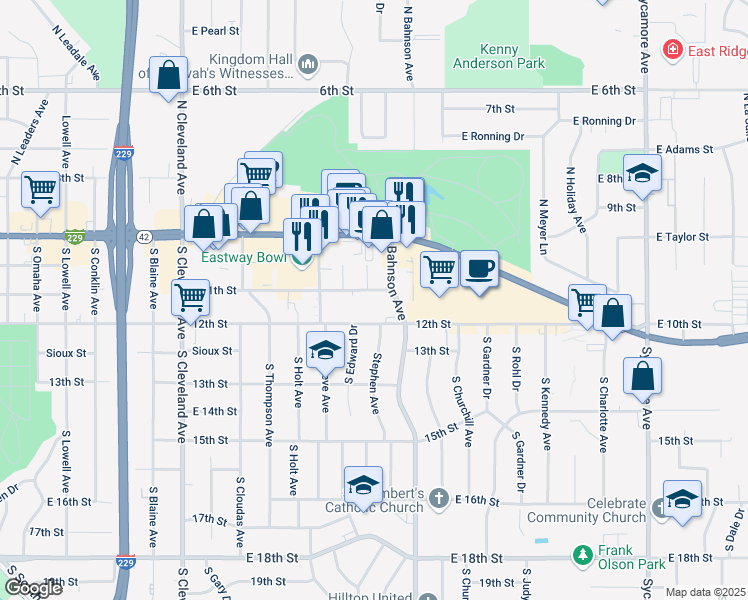 map of restaurants, bars, coffee shops, grocery stores, and more near 401 South Bahnson Avenue in Sioux Falls