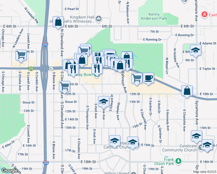map of restaurants, bars, coffee shops, grocery stores, and more near 3403 East 11th Street in Sioux Falls