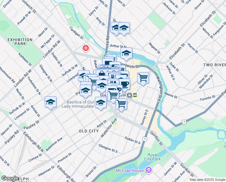 map of restaurants, bars, coffee shops, grocery stores, and more near 35 Quebec Street in Guelph