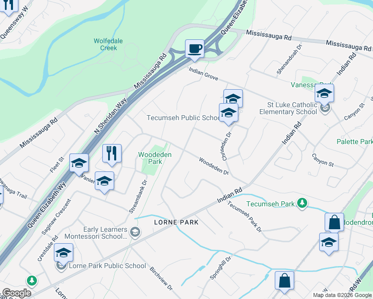 map of restaurants, bars, coffee shops, grocery stores, and more near 1491 Woodeden Drive in Mississauga