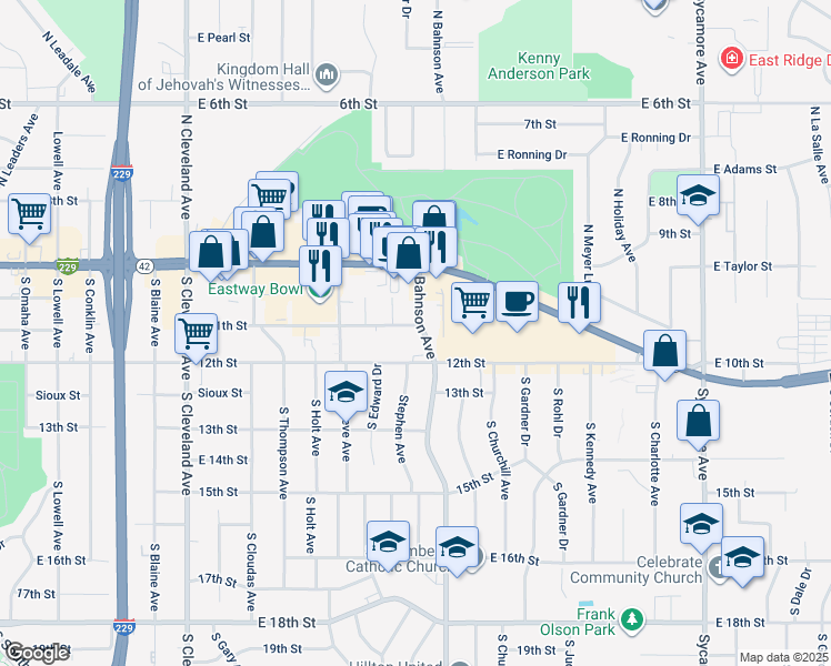 map of restaurants, bars, coffee shops, grocery stores, and more near 401 South Bahnson Avenue in Sioux Falls