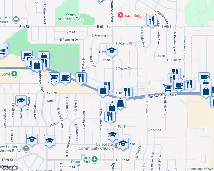 map of restaurants, bars, coffee shops, grocery stores, and more near 401 South Sycamore Avenue in Sioux Falls