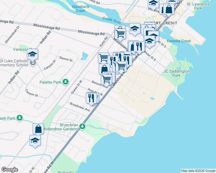 map of restaurants, bars, coffee shops, grocery stores, and more near in Mississauga