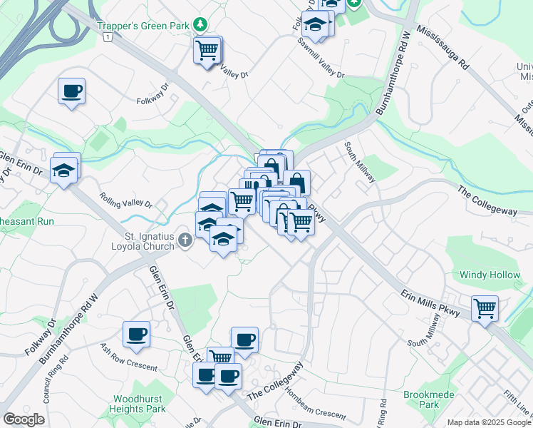 map of restaurants, bars, coffee shops, grocery stores, and more near 2200 Burnhamthorpe Road West in Mississauga