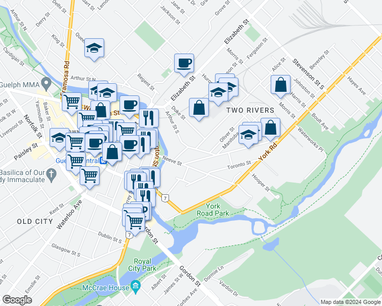 map of restaurants, bars, coffee shops, grocery stores, and more near 26 Ontario Street in Guelph