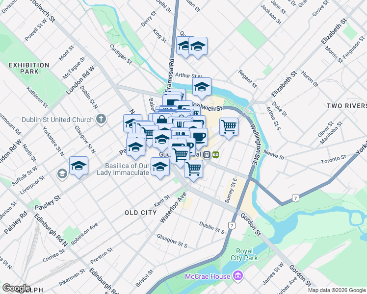 map of restaurants, bars, coffee shops, grocery stores, and more near 35 Quebec Street in Guelph