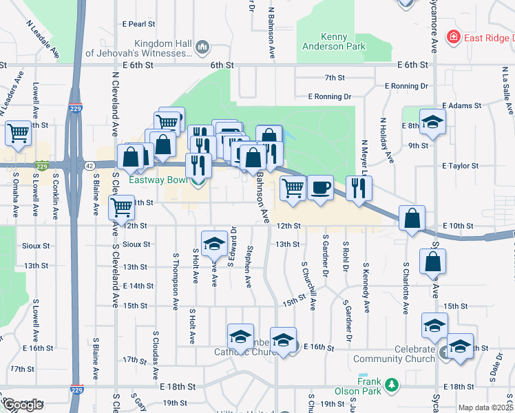 map of restaurants, bars, coffee shops, grocery stores, and more near 401 South Bahnson Avenue in Sioux Falls