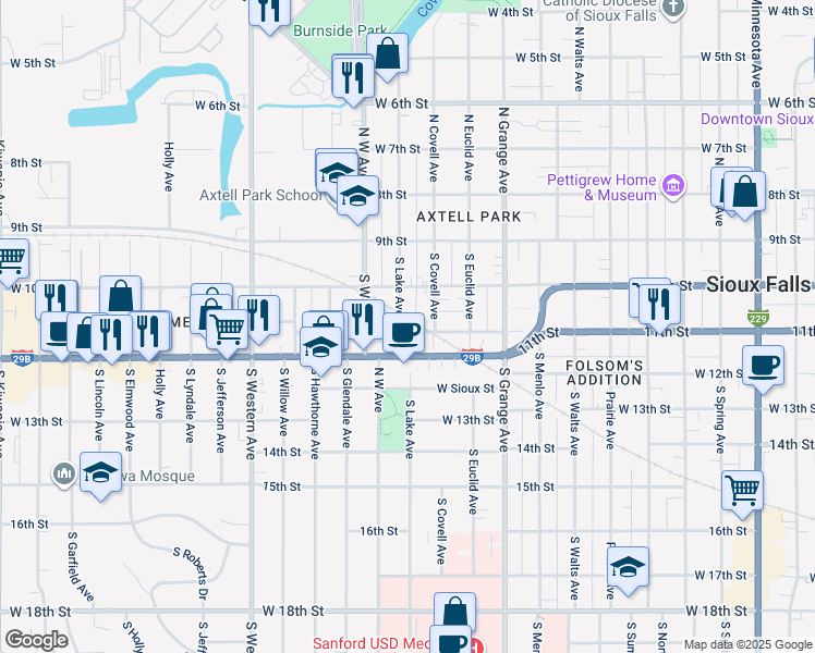 map of restaurants, bars, coffee shops, grocery stores, and more near 209 South Lake Avenue in Sioux Falls