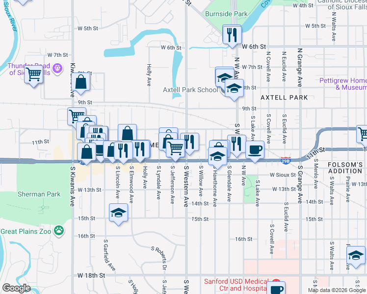 map of restaurants, bars, coffee shops, grocery stores, and more near 301 South Western Avenue in Sioux Falls
