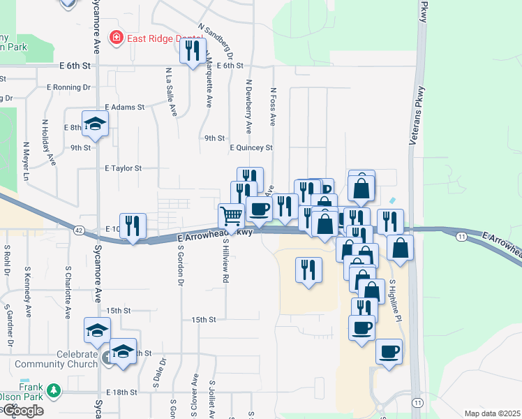 map of restaurants, bars, coffee shops, grocery stores, and more near 6100 East 10th Street in Sioux Falls