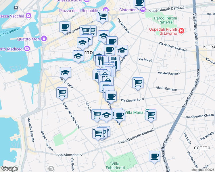 map of restaurants, bars, coffee shops, grocery stores, and more near 4 Via Giovanni Marradi in Livorno