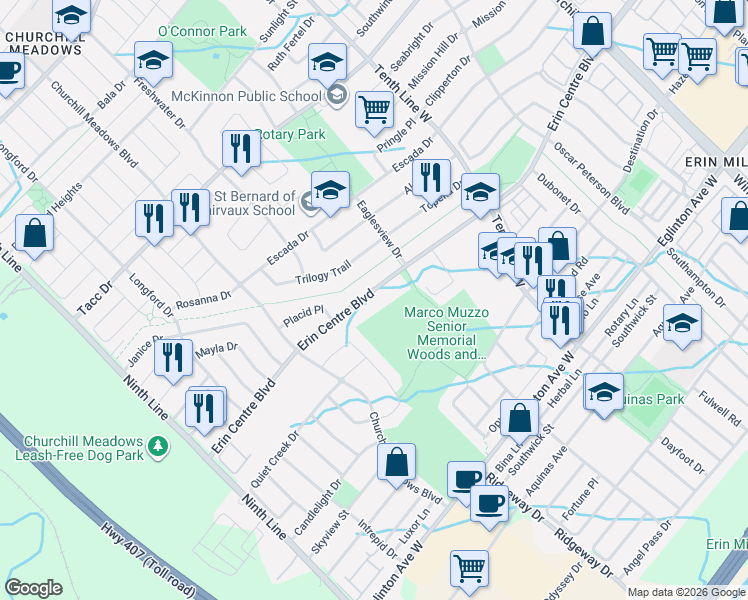 map of restaurants, bars, coffee shops, grocery stores, and more near 3348 Erin Centre Boulevard in Mississauga