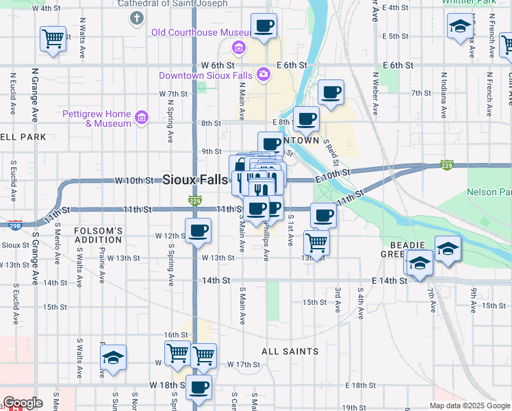 map of restaurants, bars, coffee shops, grocery stores, and more near 116 West 11th Street in Sioux Falls