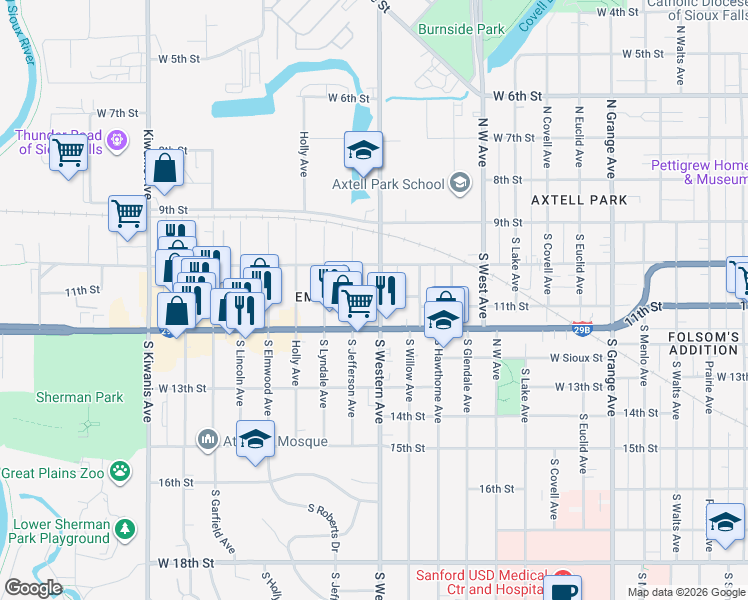 map of restaurants, bars, coffee shops, grocery stores, and more near 301 South Western Avenue in Sioux Falls
