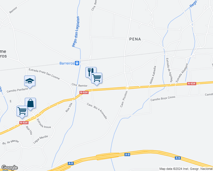 map of restaurants, bars, coffee shops, grocery stores, and more near 1B Carretera General San Cosme in Lugo