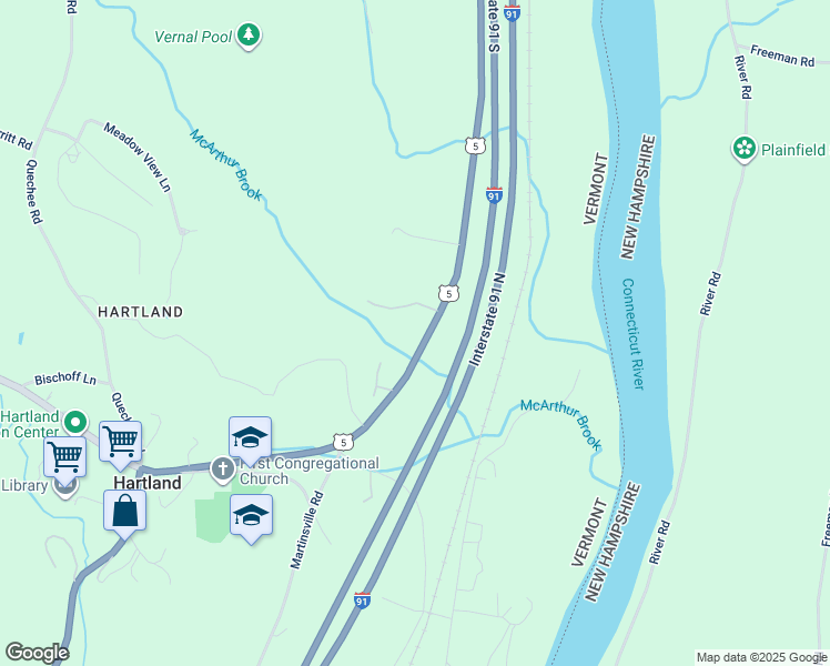map of restaurants, bars, coffee shops, grocery stores, and more near 227 U.S. 5 in Hartland
