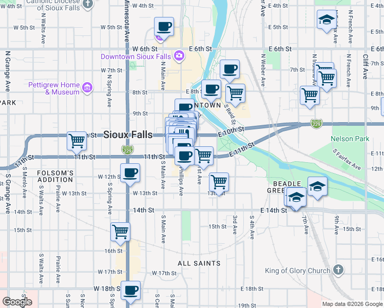map of restaurants, bars, coffee shops, grocery stores, and more near 108 East 11th Street in Sioux Falls