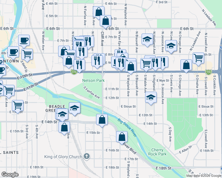 map of restaurants, bars, coffee shops, grocery stores, and more near 1298 E 11th St in Sioux Falls