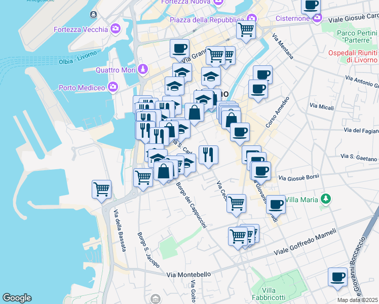 map of restaurants, bars, coffee shops, grocery stores, and more near 44 Via Carrozzieri in Livorno
