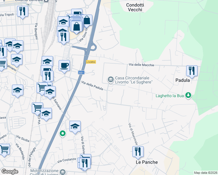 map of restaurants, bars, coffee shops, grocery stores, and more near 8 Via delle Macchie in Livorno