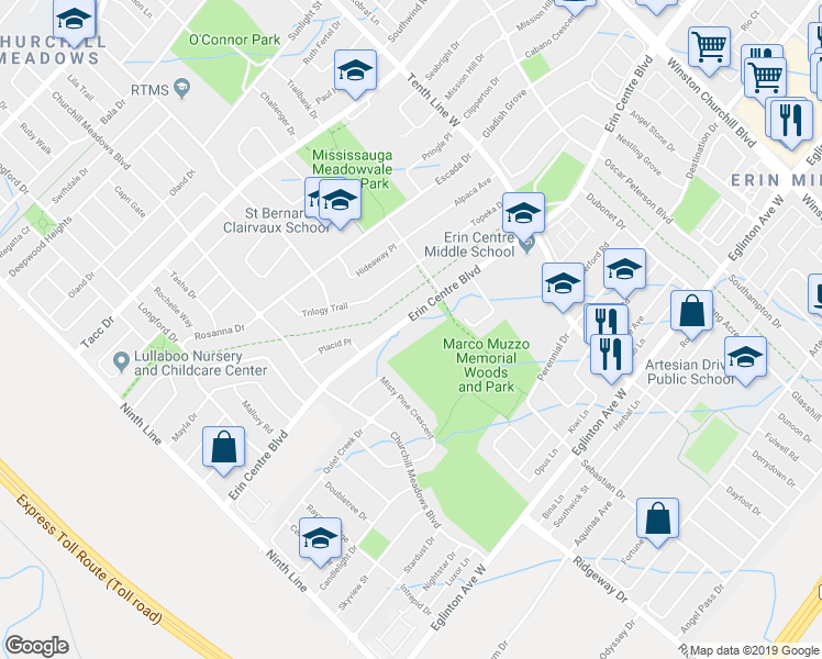 map of restaurants, bars, coffee shops, grocery stores, and more near 3348 Erin Centre Boulevard in Mississauga