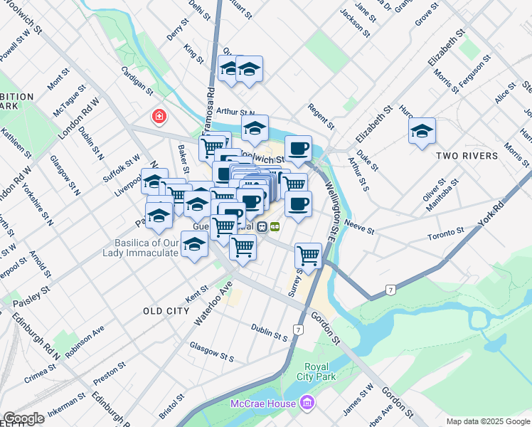 map of restaurants, bars, coffee shops, grocery stores, and more near in Guelph