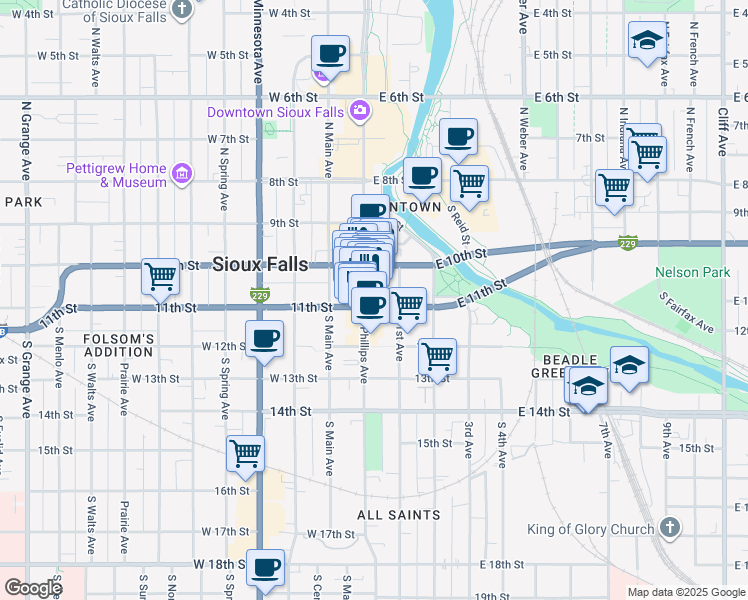 map of restaurants, bars, coffee shops, grocery stores, and more near 224 South Phillips Avenue in Sioux Falls