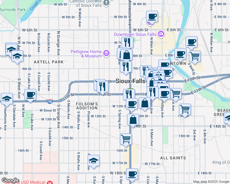 map of restaurants, bars, coffee shops, grocery stores, and more near 223 South Spring Avenue in Sioux Falls