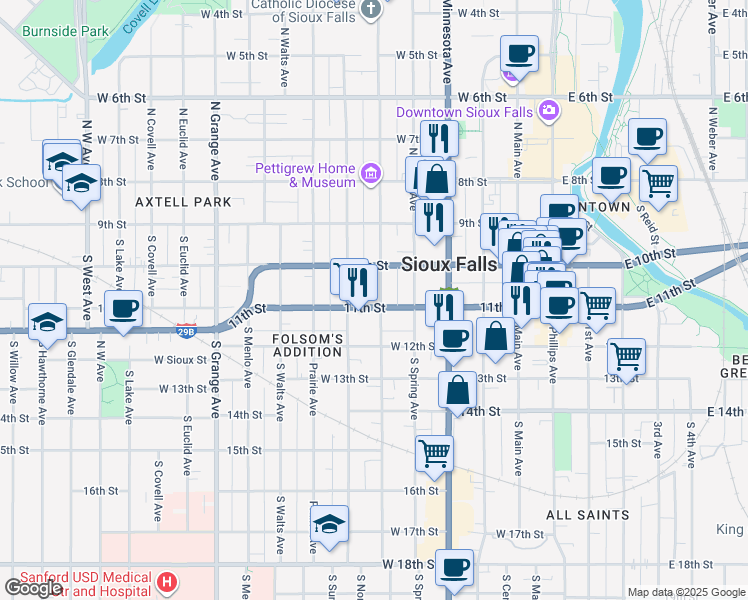 map of restaurants, bars, coffee shops, grocery stores, and more near 618 West 11th Street in Sioux Falls