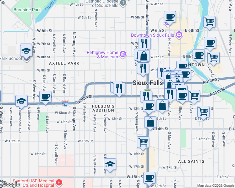 map of restaurants, bars, coffee shops, grocery stores, and more near 618 West 11th Street in Sioux Falls