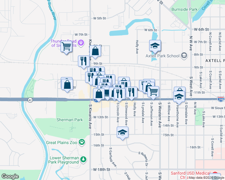 map of restaurants, bars, coffee shops, grocery stores, and more near 201-399 S Lincoln Ave in Sioux Falls