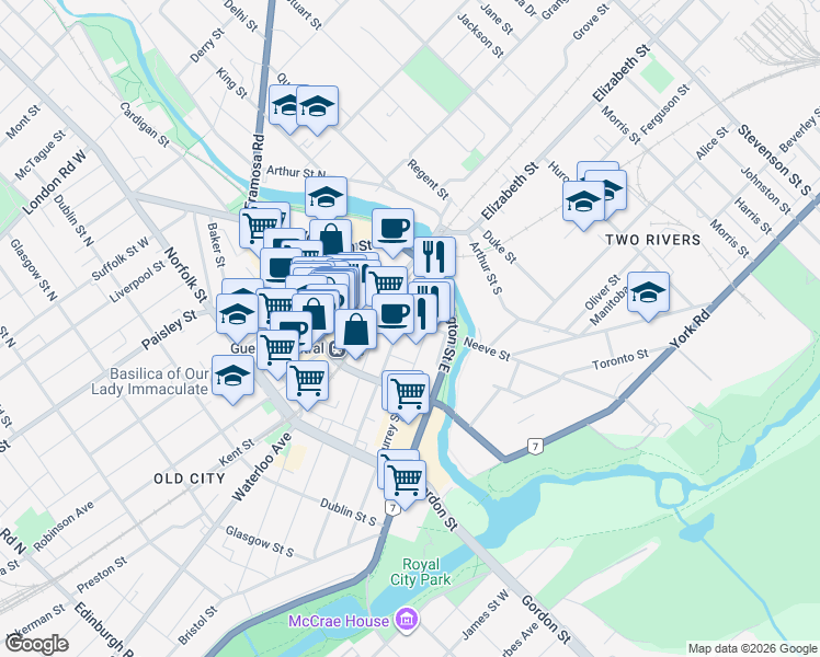 map of restaurants, bars, coffee shops, grocery stores, and more near 7 Neeve Street in Guelph