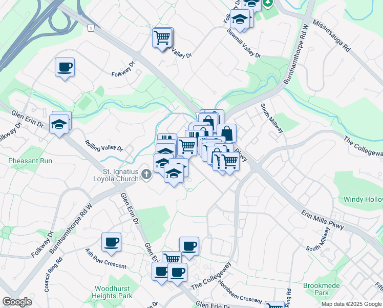map of restaurants, bars, coffee shops, grocery stores, and more near 2220 Burnhamthorpe Road West in Mississauga