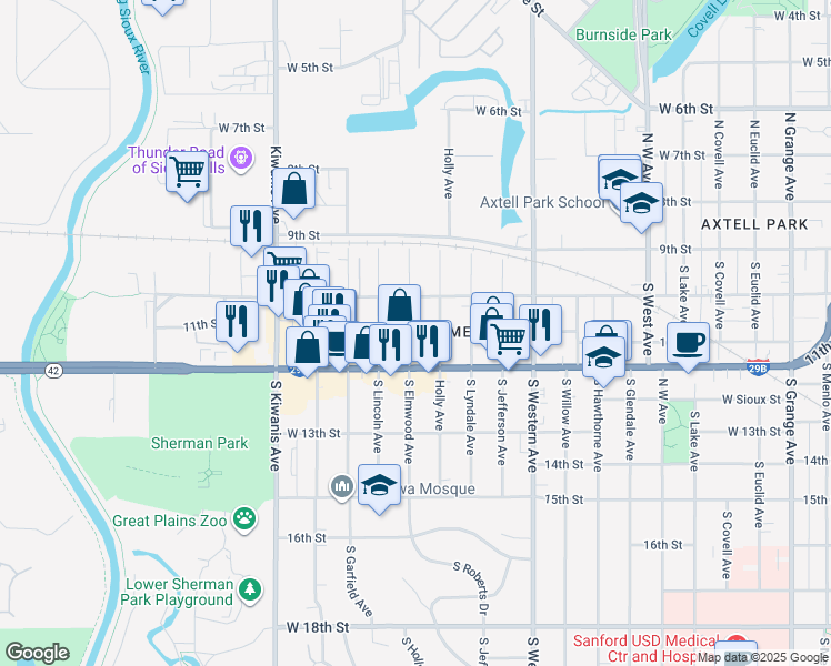 map of restaurants, bars, coffee shops, grocery stores, and more near 230 South Elmwood Avenue in Sioux Falls